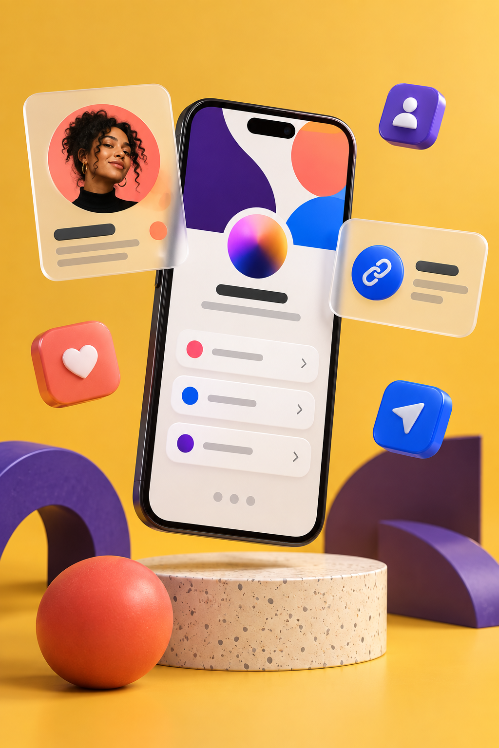 Mockup de uma página de links em um celular com cartões flutuantes